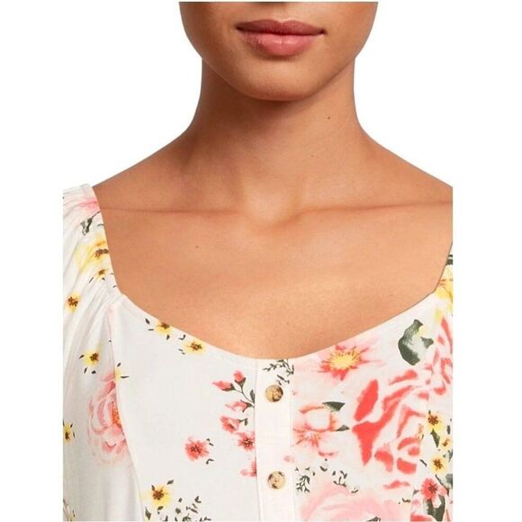 Women's Floral High-Low Dress XL Fairy Puff Sleeves Waist Tie White Pink Yellow - Picture 9 of 9